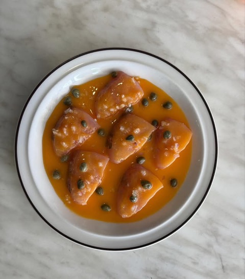 Kingfish crudo with mandarin, shallots and capers